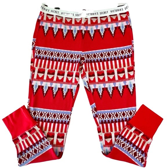 Victoria’s Secret Red Fair Isle Print Knit PJ Bottoms Leggings SzL - Picture 1 of 8